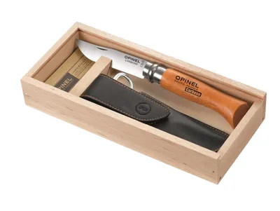 A knife and its leather sheath are presented in a wooden box.