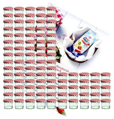 Produktbild von 100er Set Sturzglas 125 ml To 66 rot karierter Deckel incl. Diamant-Zucker Gelierzauber Rezeptheft