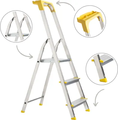 Produktbild von Aluleiter Aluminiumleiter 3 Stufen bis 120 kg mit Ablage , Arbeitshöhe bis 256 cm Haushaltsleiter mit Antirutschstufen Stehleiter Klapptrittleiter
