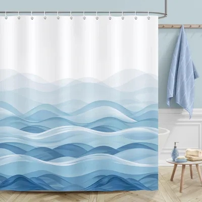 Produktbild von Duschvorhang mit blauem Meereswellenmuster, moderner Stil, 180 x 180 cm, schimmelresistent, wasserdicht, Polyestergewebe, waschbar, Badezimmervorhang mit 12 Haken