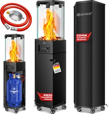Immagine prodotto di KESSER® stufa a gas radiante 4/8 kW stufa a gas ad accensione piezoelettrica + regolatore di pressione del gas + coperchio, rotelle a 360° protezione antiribaltamento, stufa da patio stufa a gas stufa a gas camino da esterno riscaldamento mobile a fungo, stufa, nero