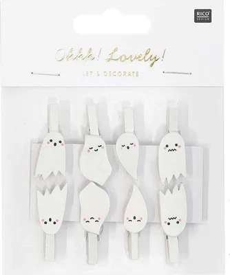 Produktbild von 8er Set dekorative Holz-Clipzangen mit Geister-Motiv für Halloween-Dekoration