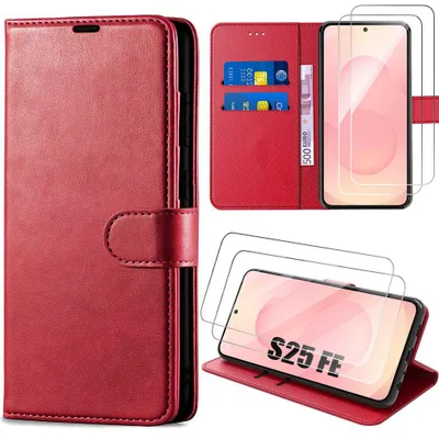 Image de Coque + 2 Verres Trempés pour Samsung Galaxy S25 FE, Protection Anti-Rayures Antichoc Effet Cuir Rouge