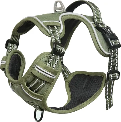 Produktbild von Hunde-Geschirr, Hundeharness, große Hunde, Anti-Zieh-Geschirr, Brustgeschirr, weich gepolstert, atmungsaktiv, olivgrün, XL