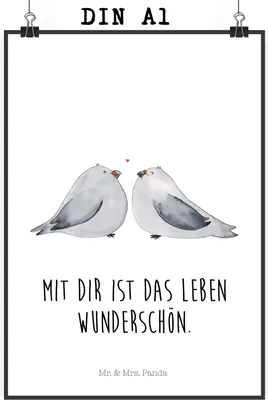 Produktbild von Mr. & Mrs. Panda Bild Turteltauben Liebe DIN A1 - Weiß - Geschenk, Freundin, Plakat, Hochzeitstag, drucke, Tauben, Wandbild, wanddeko, Deko