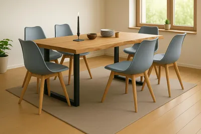 Produktbild von Tischgruppe 7tlg. 180 x 90 cm Baumkante Eiche massiv 6x Schalenstühle Grau U-Gestell Schwarz SERRA