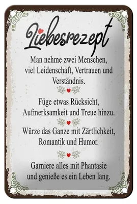 Produktbild von Blechschild Liebesrezept nehme 2  Menschen Retro, 18 x 12 cm, Blechschilder Spruch Glück Weisheit Liebe Paar