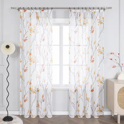 Produktbild von Joyswahl Modern Gardinen Schlafzimmer Wohnzimmer Voile Vorhänge Gardinenschal Mit Kräuselband Blattmuster Transparent Orange HxB 175x140cm 1 Stück