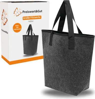 Filztasche Groß Einkaufstasche Faltbar 46x15x40 cm - Anthrazit Polyester mit Bodenverstärkung, Filztasche Klein Stil, Geräumiges Hauptfach, Extra Reißverschlusstasche, Karabiner & Steckfach