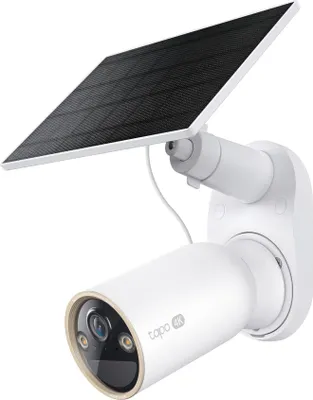 A white security camera with a solar panel attached, shown against a white background.