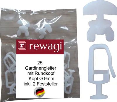 Produktbild von rewagi® 25x Gleiter mit Rundkopf Ø 9 mm + 2 Feststeller – Weiß – Kunststoff – 6 mm