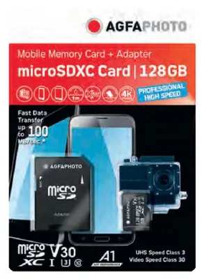 Imagen del producto de Tarjeta de memoria AgfaPhoto Mobile MicroSDXC de 128 GB, UHS-I, U3, V30, A1, alta velocidad, 70 MB/s - 100 MB/s