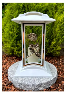 Produktbild von Grablampe Grablaterne mit Rosen Motiv 27 cm H. Gold Farbe Grabkerze Kerze Grabkerze Grablicht Gartenlampe Laterne inkl. Kerze NEU NEU