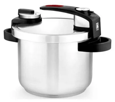 A stainless steel pressure cooker on a white background.