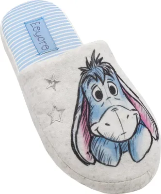A single slipper with Eeyore's face printed on it, shown from a diagonal angle on a white background.