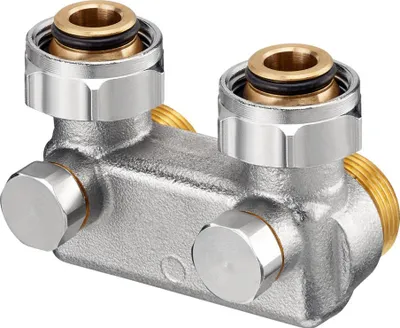 Zdjęcie produktu dla Oventrop Umlenkstück Eck mit Absperrfunktion, G 3/4 ÜM x G 3/4 Eurokonus, Rohrabstand 50 mm