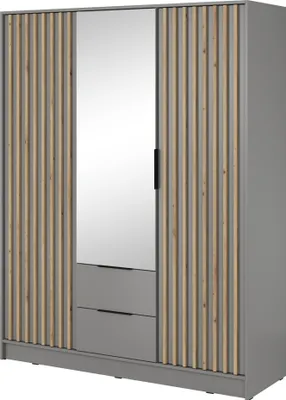 Produktbild von Furniture24 Kleiderschrank Nelly 3D Schrank mit Spiegel 2 Türiger 2 Schubladen Grau Drehtürenschrank