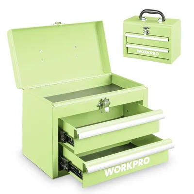 Zdjęcie produktu dla Metalowa skrzynka WORKPRO z 2 szufladami i górną przestrzenią do przechowywania, kolor zielony awokado, 27,5 x 15 x 20,8 cm Organizer na biurko z szufladami i uchwytem do biura