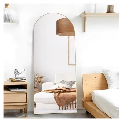 Produktbild von 165 x 60 cm gewölbter Bodenspiegel, Gold Ganzkörper-Wandspiegel mit Aluminiumrahmen, gewölbter Oberseite, zum Aufhängen oder Anlehnen, Ankleidespiegel für Schlafzimmer und Wohnzimmer