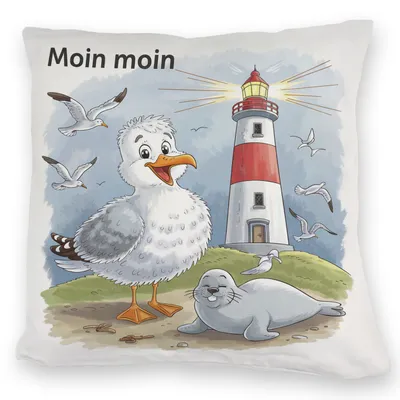 Produktbild von Fröhliche Möwe und Leuchtturm Kuschelkissen - MOIN MOIN