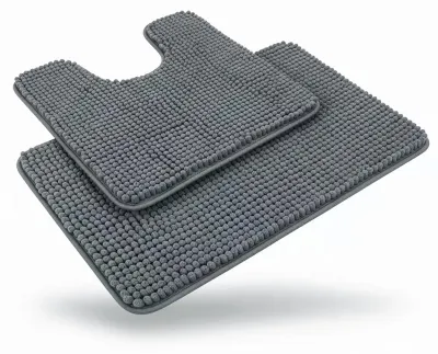 Image de Lot de 2 tapis de bain : un tapis de bain moelleux en chenille, gris, 1 400 g/m², antidérapant, lavable, 50 x 80 cm, et un tapis de WC avec découpe, 50 x 50 cm