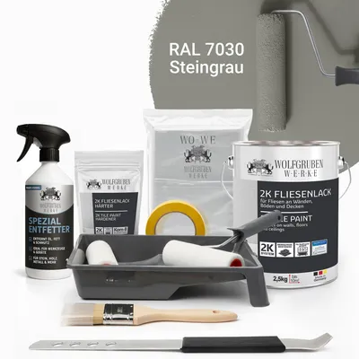 Produktbild von WO-WE Komplettset 2K Fliesenlack Renovierungsset für Küche, Badezimmer, Wand- & Bodenfliesen Steingrau 2,5Kg