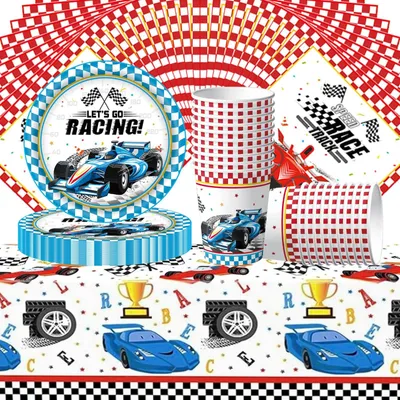 Image de Solidchoice - Ensemble de vaisselle sur le thème des voitures de course - 61 pièces pour 20 convives