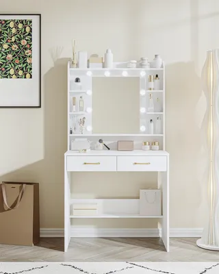 Obrázek produktu pro Toaletní stolek se zrcadlem - bílý - 2 zásuvky - z dřevotřískové desky - moderní, minimalistický design