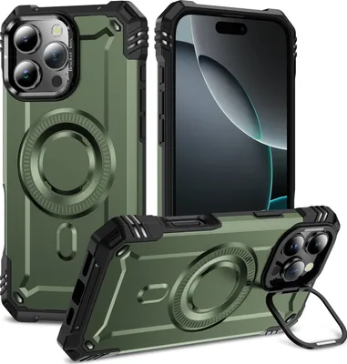 Obrázek produktu pro Magnetické pouzdro pro iPhone 16 Pro Max, robustní vojenské ochranné pouzdro s kamerovým kroužkem stojánkem Zelený