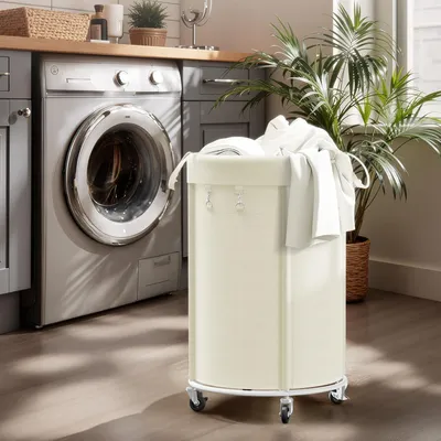 Immagine prodotto di Carrello portabiancheria da 150 litri con ruote, carrello portabiancheria grande con struttura in metallo e sacco portabiancheria impermeabile, carrello portabiancheria per lavanderia, camera da letto, bagno, beige