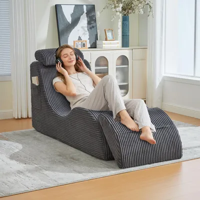 Image de LVHOM Chaise longue rembourrée avec coussins et repose-pieds amovibles, Chaise longue de relaxation, Fauteuil de relaxation avec fonction de sommeil, tissu velours côtelé, Gris foncé