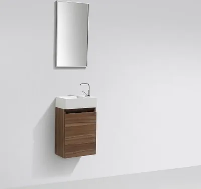 A modern bathroom vanity with a sink and faucet mounted on a white wall.