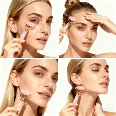 Produktbild von Jade-Roller für das Gesicht aus natürlichem Rosenquarz für Frauen, Gesichtsmassagegerät für die Hautpflege zur Reduzierung von Schwellungen (Rosa)