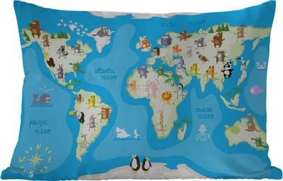 Produktbild von MuchoWow® Outdoor Kissen - Weltkarte - Kind - Tiere - Blau - Jungen - Mädchen - 60x40 cm - Wetterfest - Lounge Kissen - Zierkissen - Kissen für Innenräume