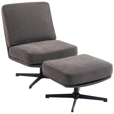 Produktbild von Sessel mit Hocker Drehbar Loungesessel mit Leinenoptik für Wohnzimmer Dunkelgrau