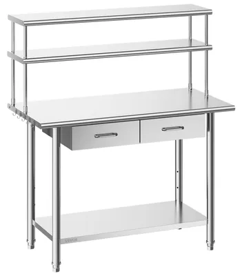 Produktbild von VEVOR Gastronomie Arbeitstisch 1220 x 610 x 1400 mm, Edelstahltisch mit Grundboden & 2 Schubladen & Doppelaufsatzbord, Gewerblicher Vorbereitungstisch Werkbank für Restaurant Garage Küchentisch