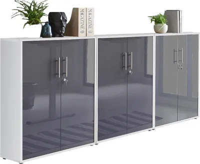 Produktbild von Aktenschrank TABOR 99 in weiß / anthrazit Hochglanz, Schrankwand, Büroschrank, abschließbar, Metallgriffe