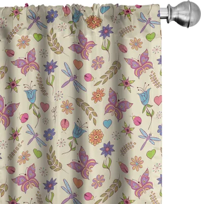 Produktbild von ABAKUHAUS Blumen Vorhänge, Gardinen, Muster mit abstrakten bunten Blumen Libellen-Schmetterlings-Marienkäfer-Gekritzel-Verzierungen, 2 Stück 75 x 175 cm, Mehrfarbig