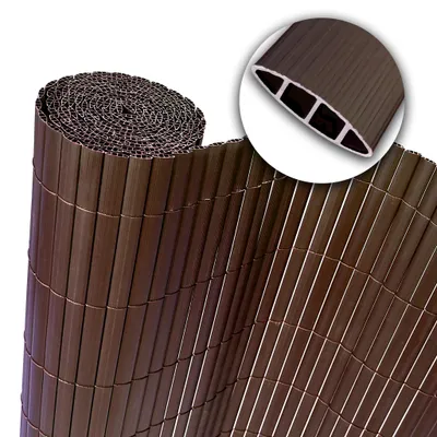 A rolled-up privacy screen made of brown plastic slats, with a close-up inset showing the cross-section of a slat.