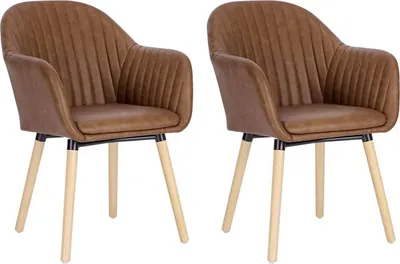 Two brown upholstered chairs with wooden legs are shown against a white background.