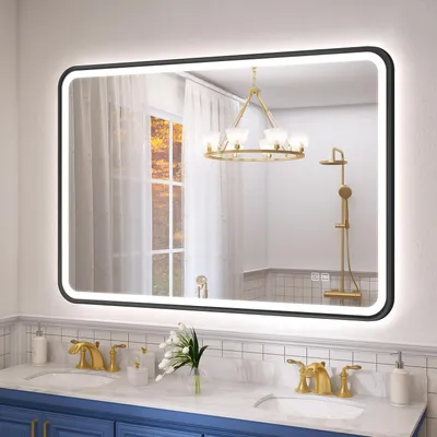 Immagine prodotto di Specchio da bagno illuminato, dimensioni 100x70 cm, colore nero, alluminio, antiappannamento, dimmerabile (3000-6500K), grado di protezione IP44