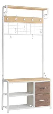 Productafbeelding van Garderobekast met zitbank, schoenenrek, haken en lades, in wit en houtkleur