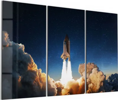Produktbild von DEQORI Glasbild Echtglas 3x50x100 cm 'Raketenstart ins All' Wandbilder XXL groß