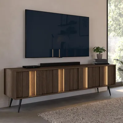 Produktbild von TV-Lowboard Fernsehtisch 4-türig LUPO 183 cm Eiche Dunin 4x LED-Beleuchtung Metallfüße Modern