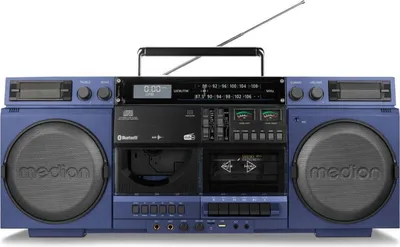 Obrázek produktu pro Kazetový magnetofon MEDION P66538 (retro ghetto blaster s CD přehrávačem, 80. léta, velký, USB, SD, CD, kazetový MC, DAB+ rádiová teleskopická anténa, Bluetooth, kazetový magnetofon, funkce nahrávání, napájení bateriemi)