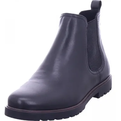 A single black leather Chelsea boot is shown against a white background.