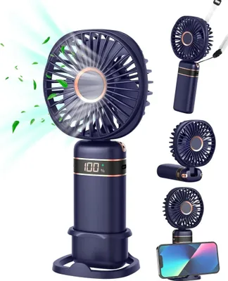 Produktbild von 4 in 1 Handventilator,5 Geschwindigkeitsstufen,tragbarer USB-Handyhalter-Lüfter,faltbarer Mini-Ventilator mit 4000mAh Akku,LED-Display,Leise,Blau