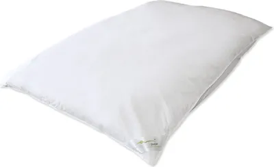 A white pillow is shown lying on a white background.