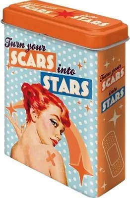 A vintage-style tin box with a pin-up girl illustration and text.
