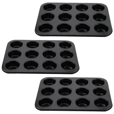 Image de Moules à muffins, lot de 3, pour 12 muffins, plaque antiadhésive en acier au carbone, dimensions 35x26x3 cm